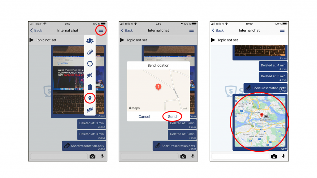 Sharing a location in Secapp chat on iOS